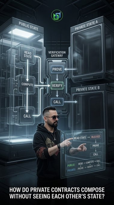 An infographic about smart contract architecture showing 'PUBLIC STATE' and 'PRIVATE STATE A/B' with verification gateway flow (Prove, Verify, Call), featuring a man pointing at a holographic interface, with the text 'HOW DO PRIVATE CONTRACTS COMPOSE WITHOUT SEEING EACH OTHER'S STATE?'.