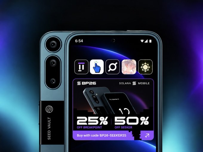 A promotional image for a Solana Mobile Seeker phone (Seed Vault edition), showing the device displaying a 'Breakpoint 2026' advertisement offering 25% off Breakpoint and 50% off Seeker with promo code BP26-SEEKER25.