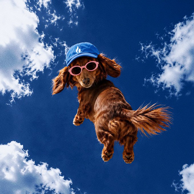 A brown dog wearing a blue cap and pink sunglasses soars through a bright blue sky scattered with white clouds, perfectly capturing the playful, high-energy spirit of Monday motivation. The image embodies the post's theme of boundless enthusiasm, with the dog's exuberant leap symbolizing the editor's "100% energy level" and readiness to tackle the workday.