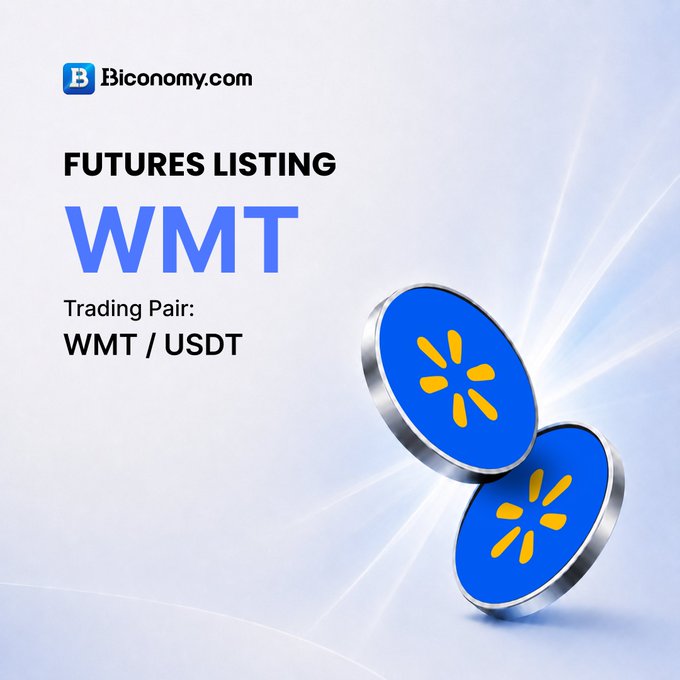 A promotional graphic for Biconomy.com announces the 'FUTURES LISTING' of 'WMT' token, displaying the trading pair 'WMT / USDT' alongside two blue coin tokens with a yellow starburst logo.