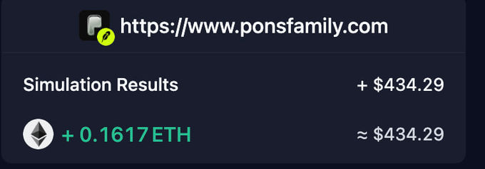 A digital wallet or exchange interface displays a 'Simulation Results' entry from ponsfamily.com showing a transaction of +0.1617 ETH (≈ $434.29).