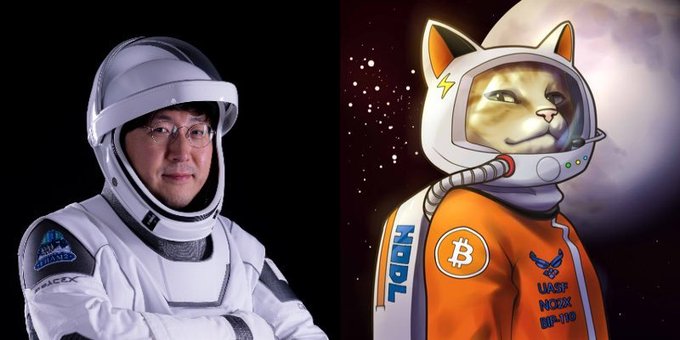 The image shows a split composition: on the left, a man in a space suit wearing a helmet, and on the right, an illustrated cat wearing an orange astronaut suit with visible text including "TBCU," a Bitcoin logo, and "UASF NB2019 BIP-110." 

The image relates to the post by using the astronaut imagery to satirize BIP 110, depicting both a human and a cat in spacesuits as a humorous nod to the "moon mission" rhetoric often used in crypto communities, while the cat's suit references BIP 110 and User Activated Soft Fork (UASF), suggesting BIP 110 is being "catapulted" forward through journalism rather than traditional mining support.