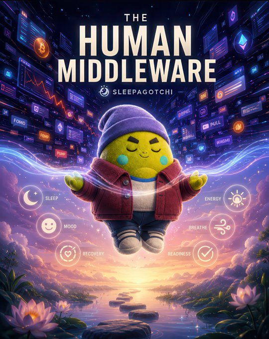 A whimsical green mascot wearing a beanie and maroon jacket floats meditatively above a serene landscape, surrounded by floating holographic UI panels displaying crypto tickers like "BTC," "FOMO," and "PULL," while glowing icons labeled "SLEEP," "ENERGY," "MOOD," "RECOVERY," "BREATHE," and "READINESS" orbit the figure beneath the title "THE HUMAN MIDDLEWARE — SLEEPAGOTCHI," visually representing the concept of human wellness middleware positioned between users and the chaotic data streams of crypto trading and daily life.