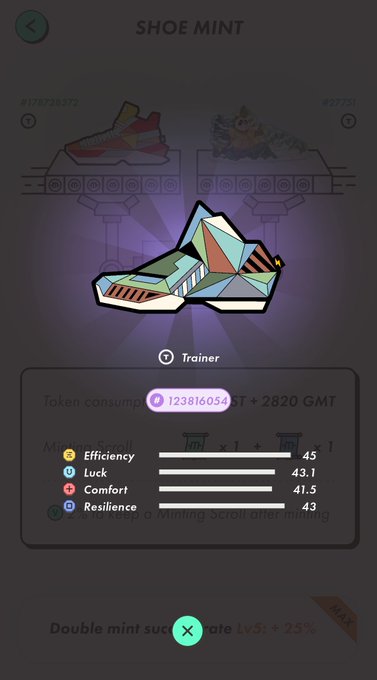 A 'SHOE MINT' screen showing a geometric trainer shoe NFT with stats: Efficiency 45, Luck 43.1, Comfort 41.5, Resilience 43, costing 123816054 tokens plus 2820 GMT.