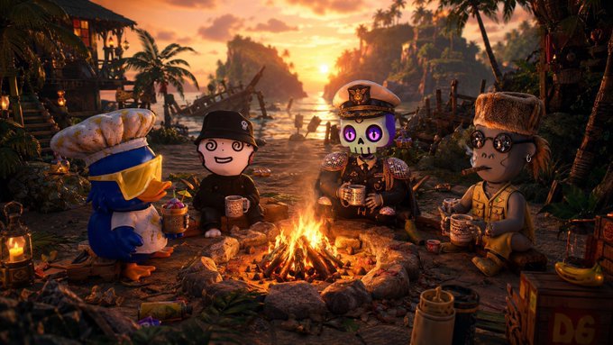 An illustrated scene depicting a penguin chef, a character in a skull mask and captain's hat, and another character in a fur hat sitting around a campfire with mugs, set against a tropical sunset.