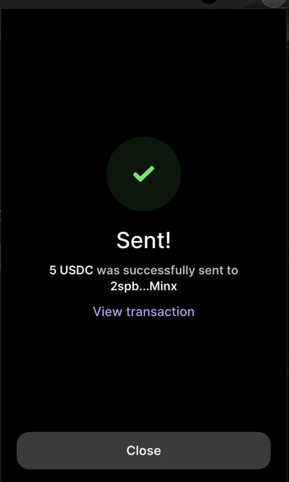 The image shows a transaction confirmation screen displaying a successful transfer of 5 USDC to the address "2spb...Minx," directly illustrating the sentiment shared in the accompanying post expressing affection for the Radix blockchain address.