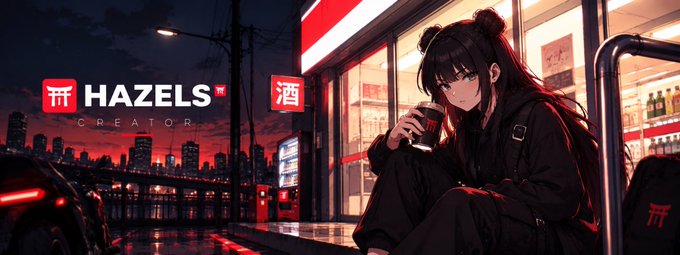 The banner shows a stylized anime-style illustration of a dark-haired figure with buns drinking from a cup beside a glowing convenience store at dusk, alongside the "HAZELS CREATOR" logo with Chinese characters (币 and 酒), visually branding the @0xhazels creator intelligence platform mentioned in the post.