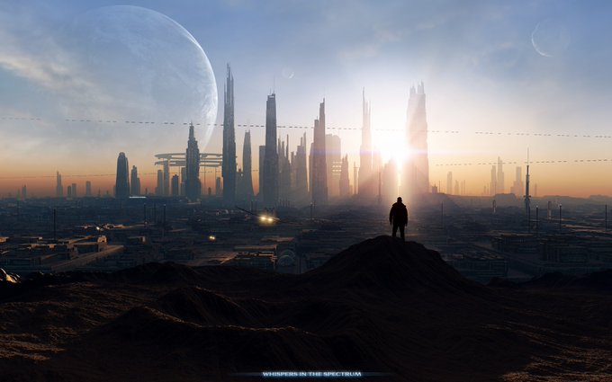 A lone figure stands on a hill overlooking a futuristic city skyline with towering skyscrapers, a large moon, and a bright sunrise, with the text "WHISPERS IN THE SPECTRUM" at the bottom.
