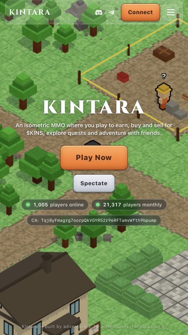 The image shows the Kintara isometric MMO game interface, displaying "1,005 players online" and "21,317 players monthly." The text promotes Kintara as a game where players can earn, buy, and sell SKINS.