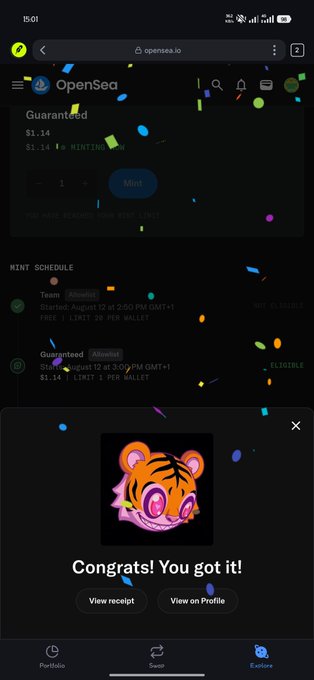 A mobile screenshot of OpenSea (opensea.io) shows a successful NFT mint with the message 'Congrats! You got it!' for a pink tiger avatar.