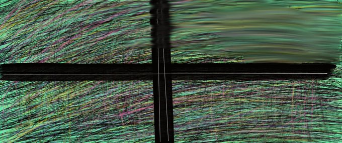 An abstract digital image featuring intersecting black cross shapes overlaid on a textured green and pink painted background with horizontal brush strokes.
