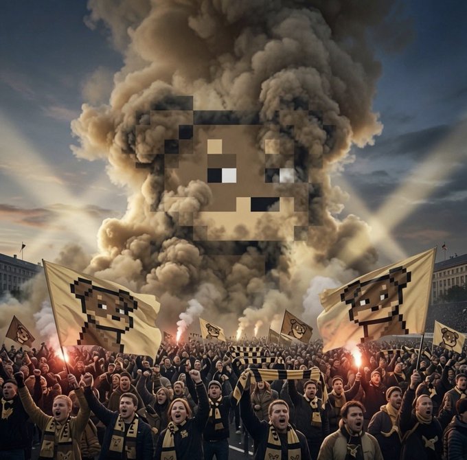 The image features a large crowd of people holding up flags, with one flag prominently displaying "Doginal Dog". The scene takes place outdoors during an event or gathering, possibly a protest or rally. The group appears to be united by their shared enthusiasm for the Doginal Dog logo and its message.