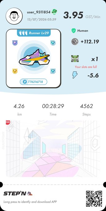 Step'N app screenshot showing a Runner Lv29 sneaker NFT with a 3.95 GST/Min earning rate, 4.26 km distance, 00:28:29 time, and 4562 steps recorded on 13/07/2026.