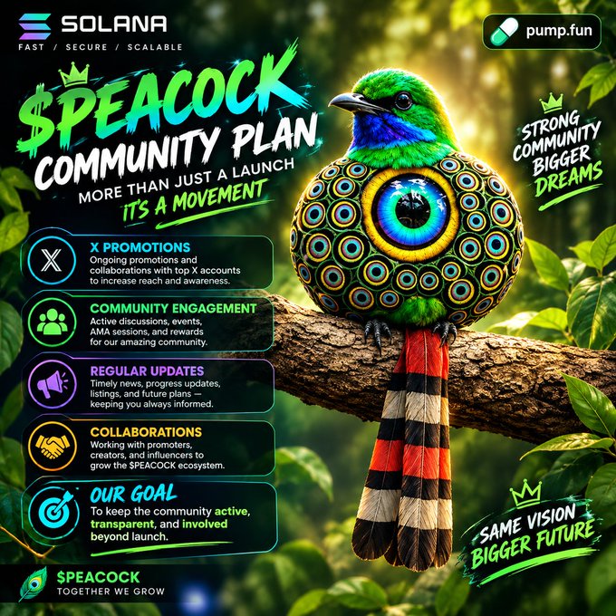 A 'Solana' cryptocurrency promotional poster for a '$PEACOCK COMMUNITY PLAN' on pump.fun, featuring a colorful, fantastical peacock with an eye-patterned body and listing plans for X promotions, community engagement, and collaborations.