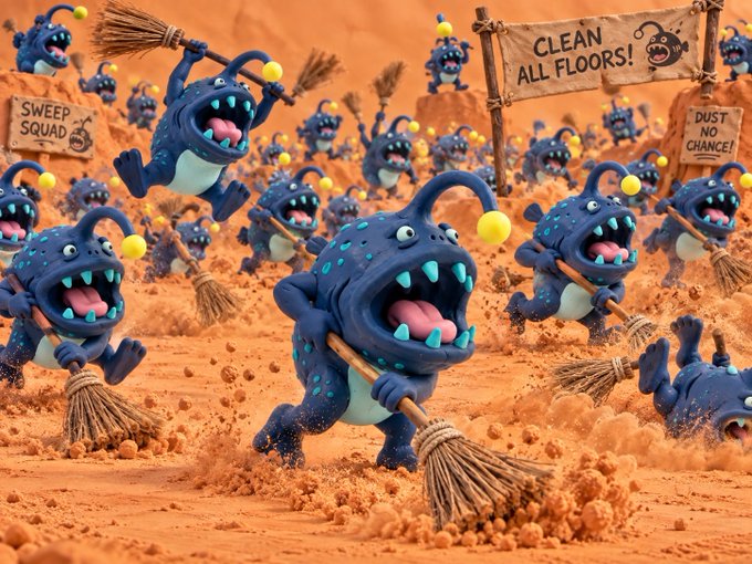 A whimsical 3D-rendered illustration shows a chaotic army of blue, multi-eyed monster characters wielding brooms on a dusty orange landscape, with signs in the background reading 'SWEEP SQUAD', 'CLEAN ALL FLOORS!', and 'DUST NO CHANGE!'.