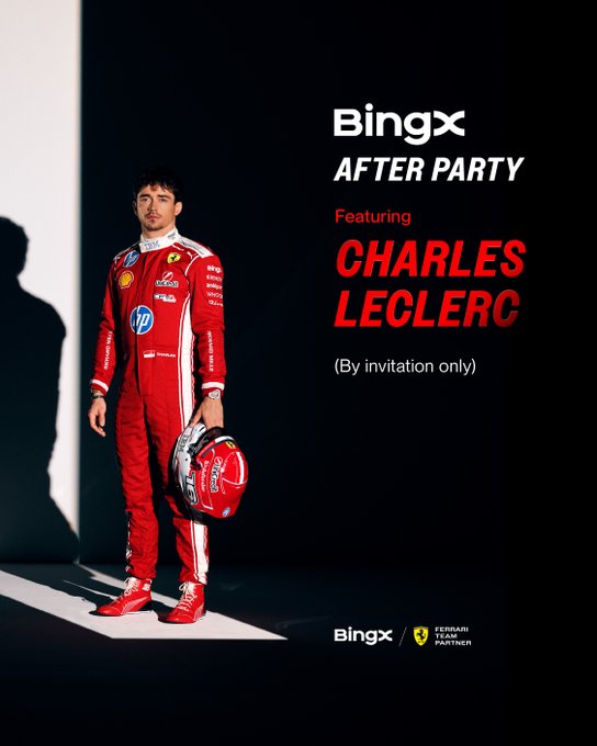 BingX After Party promotional poster featuring Formula 1 driver Charles Leclerc in a Ferrari racing suit, marked 'By invitation only'.