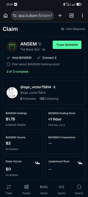 A mobile screenshot from app.bullpen.fi showing a claim page for the $ANSEM token ('The Black Bull'), listing tasks like holding $ANSEM and connecting X, with holdings of $1.76 in $ANSEM.