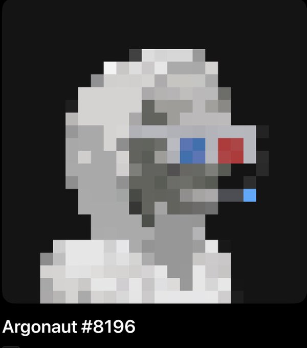 A pixel art portrait of a grey figure with blue and red pixelated eyes on a dark grey background, labeled "Argonaut #8196" at the bottom.