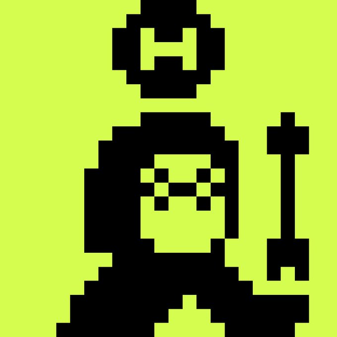 A pixel art image on a yellow-green background depicting a dark figure with an 'H' on its head and a hammer-like object, rendered in a minimalist retro video game style.