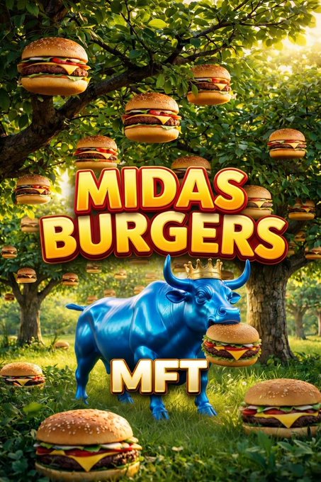 A vibrant promotional image featuring a blue bull wearing a golden crown eating a burger, surrounded by burgers growing on trees, with the text 'MIDAS BURGERS' and 'MFT'.
