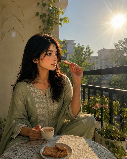 A young woman in an embroidered green kurta enjoys tea and biscuits on a sunlit balcony surrounded by plants.