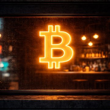 A glowing orange Bitcoin "B" logo is displayed on a window, with the warm interior of a bar visible in the background. The neon Bitcoin symbol represents the digital currency amid news of its BIP-110 minority chain split from mainnet, which stalled after minimal block support.