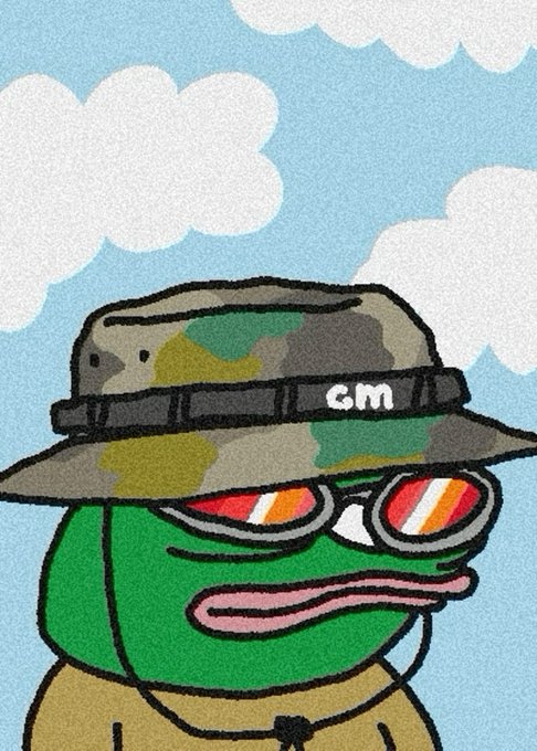 A cartoon Pepe the Frog wearing a camouflage bucket hat with 'cm' text and reflective sunglasses against a cloudy sky background.