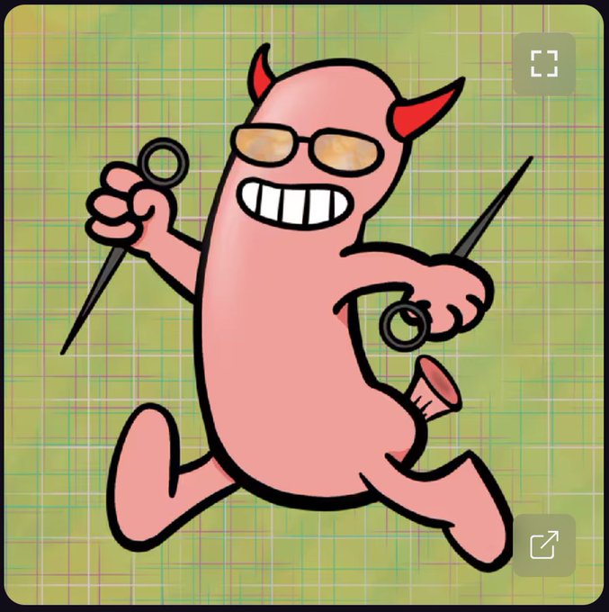 A pink cartoon character with red devil horns and glasses runs while holding scissors, with a thimble falling from its rear end against a plaid background.