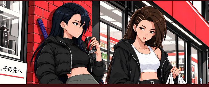 An anime-style illustration of two young women in black hoodies and crop tops standing in front of a red convenience store, one of whom appears to be carrying a katana.