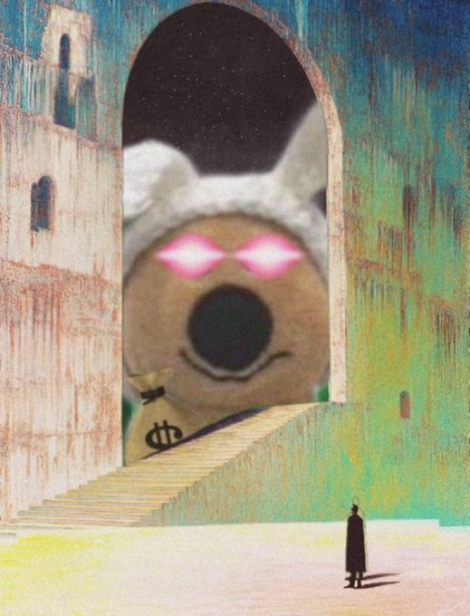 A surreal digital collage shows a hooded, cartoonish figure with glowing pink diamond-shaped eyes looming through an archway over a staircase leading up to a money bag marked with a dollar sign, while a small cloaked figure stands below—evoking a meme-style "cryptid" or meme coin mascot that fits the poster's playful "new PFP" reveal for the $COBY token.