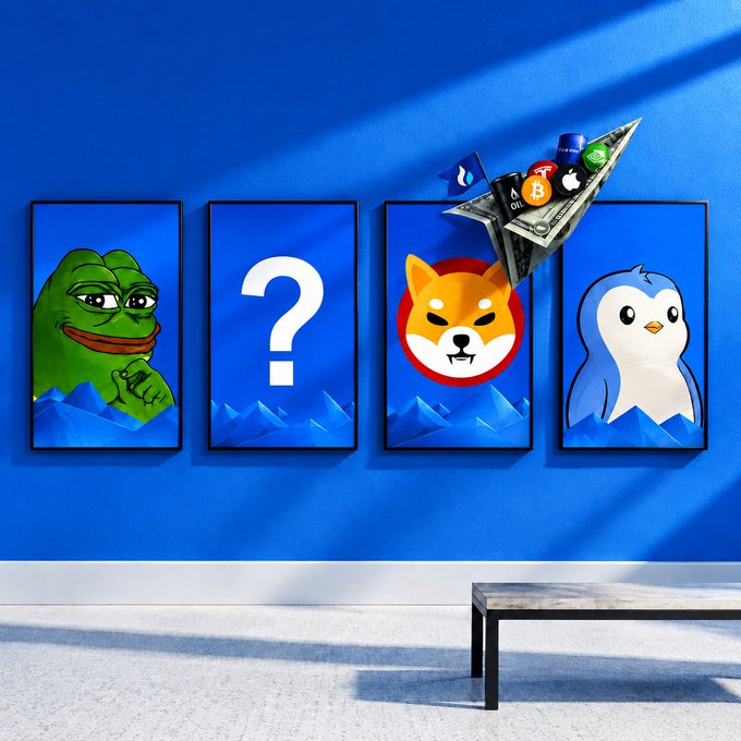 Four framed meme portraits hang on a blue wall: Pepe, a question mark, Shiba Inu, and a penguin, with a paper airplane of cash and crypto logos (Bitcoin, Ethereum, etc.) flying toward the empty slot, answering the post's question about "who's next in the frame."