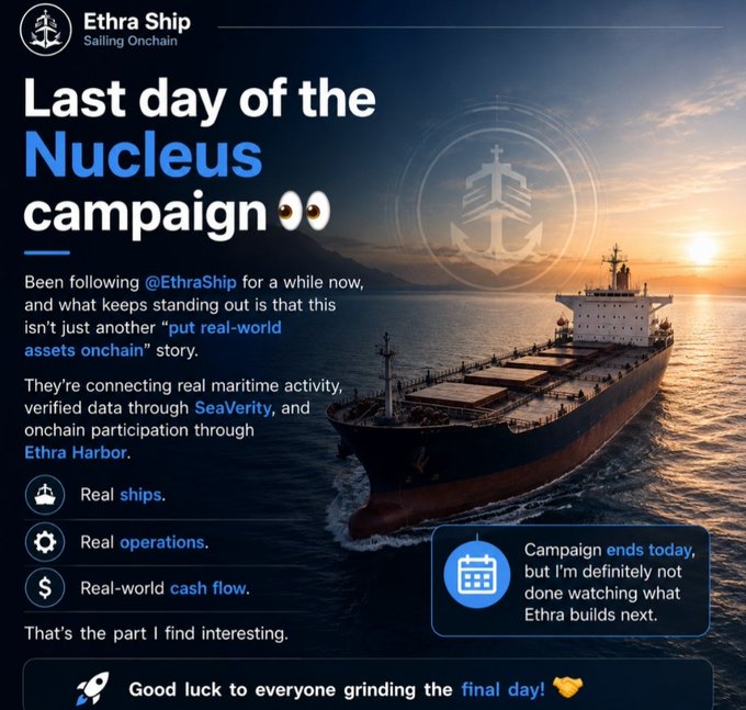 A promotional graphic for 'Ethra Ship' announcing the 'Last day of the Nucleus campaign,' featuring a large cargo ship sailing at sunset.