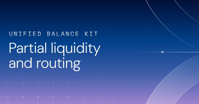 The image shows a graphic design of a blue sky with purple clouds against a brown background. The text "Unified Balance Kit" is written at the top of the image, followed by "Partial Liquidity and routing".