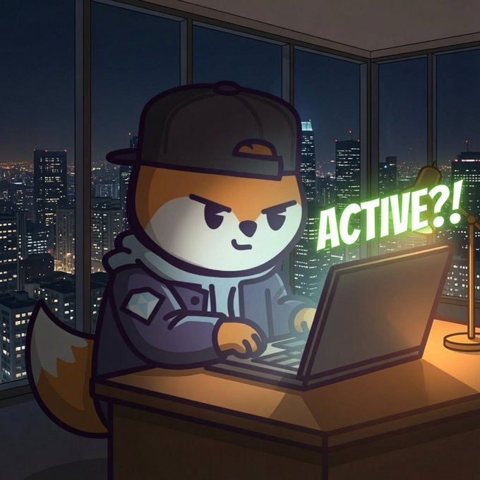 A determined cartoon fox wearing a black cap and hoodie types intensely on a laptop in a high-rise office at night, with a glowing green "ACTIVE?!" displayed on the screen as it checks if something is active. The cityscape backdrop and focused expression emphasize the urgency of the "ACTIVE CHECK!" theme, suggesting the fox is on a mission to verify status in real-time.