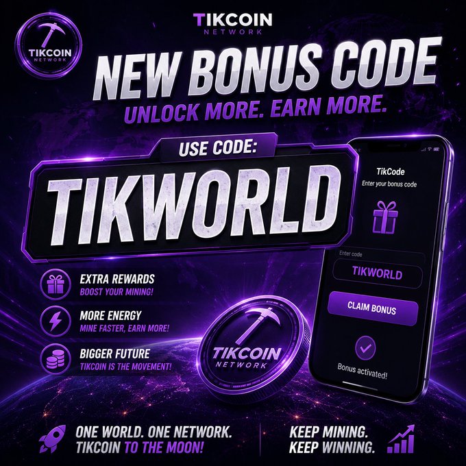 A promotional graphic for TikCoin Network features the new bonus code "TIKWORLD" prominently displayed in large purple and silver text, alongside a smartphone mockup showing how to enter the code for extra mining rewards. The tagline "Unlock More. Earn More." appears beneath "NEW BONUS CODE," promoting benefits like extra rewards, more energy, and bigger future earnings.