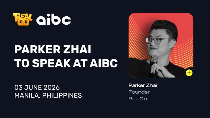 The image features a poster for an event that will take place at AIBC Asia in June 2016. The poster includes a photo of a man wearing glasses and a microphone, with the text "Parker Zai" written above him. The event is scheduled for Wednesday, June 3rd, at the SMX Convention Center in Manila, Philippines. The poster also mentions that the founder of RealGo will be speaking at AIBC Asia on this day.