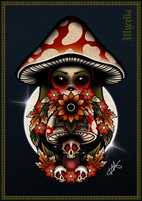 A vibrant tattoo-style illustration of a "Mycetia" mushroom-themed female figure with a red and white cap, surrounded by floral patterns, a skull, and set against a full moon and dark blue starry sky.