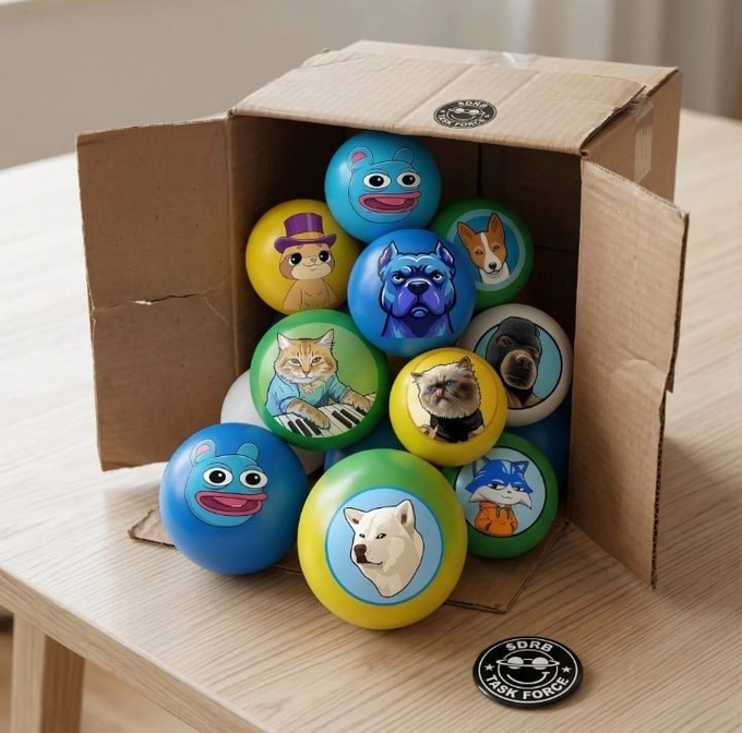 A cardboard box on a wooden table overflows with colorful rubber balls featuring cartoon animal faces—cats, dogs, a frog, and a fox—along with a green and black circular sticker reading "ASRX FORS." The "Base season" theme plays on the dual meaning of "baseball," linking the animal-decorated balls in the box to a playful nod about being early in a base-building market cycle.
