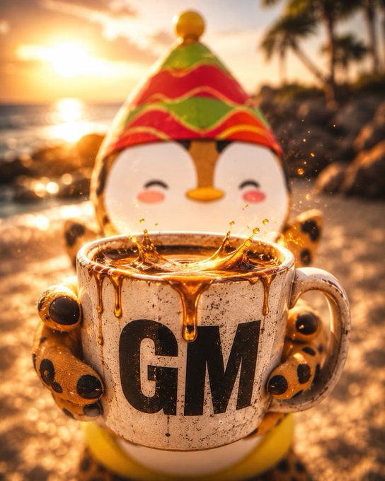 A cute penguin character wearing a colorful red, yellow, and green striped party hat holds a ceramic mug labeled 'GM' filled with a splashing golden-brown liquid, set against a sunset beach backdrop with palm trees.