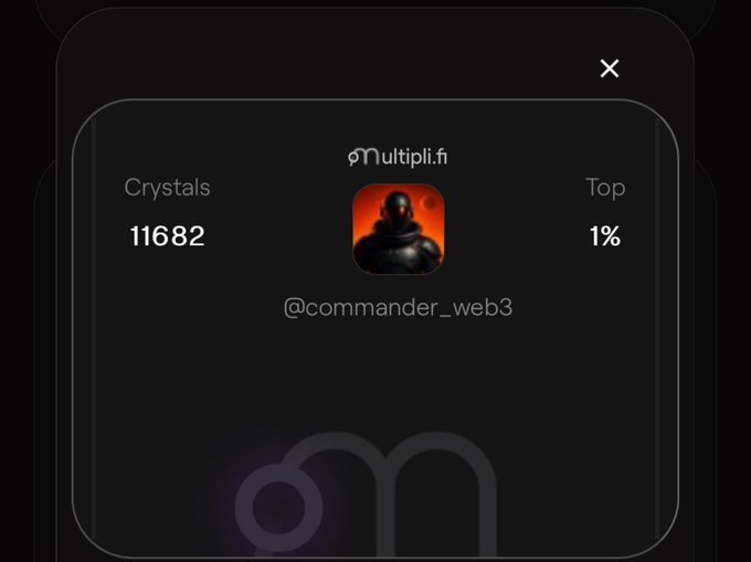 A dark-themed digital profile card showing the Multipli.fi platform, displaying 11682 Crystals, a top 1% ranking, and the username @commander_web3 with a hooded figure avatar.