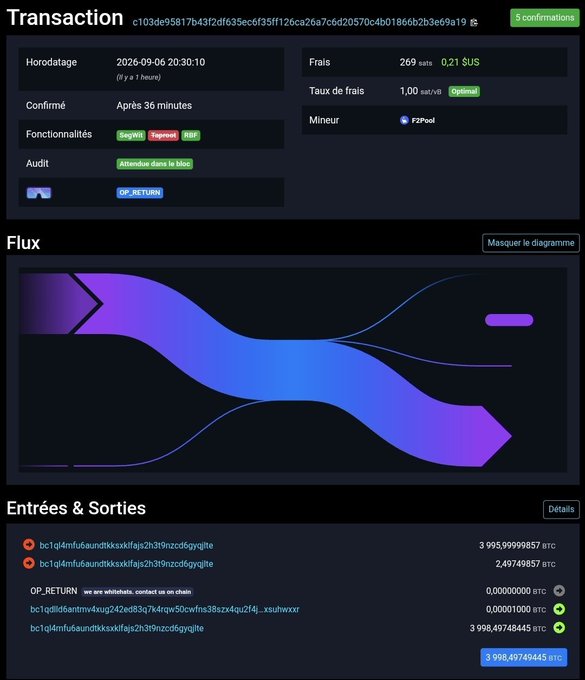 A transaction screenshot from Liquid Network displaying a 3,998.497 BTC transfer to OP_RETURN with 0.21 USD fees, timestamped 2026-09-06 at 20:30:10, illustrating the massive Bitcoin drain referenced in the thread about the security breach affecting Liquid's vault.