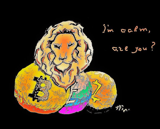 An artistic illustration featuring a lion's head resting on yellow spheres with a Bitcoin symbol, alongside a globe and a lightning bolt, with the text "I'm calm, are you?"