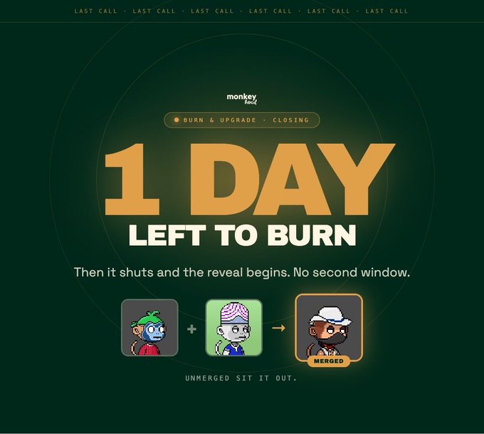 A promotional graphic for "monkey loot" showing "1 DAY LEFT TO BURN" with the warning "Then it shuts and the reveal begins. No second window," featuring NFT character images demonstrating a merge process.