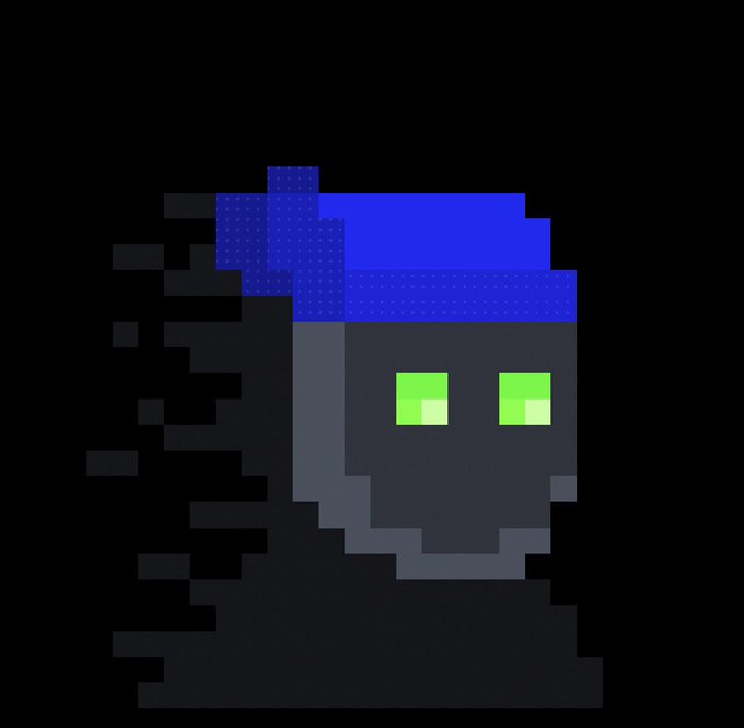A simple pixel art ghost with a gray body, glowing green eyes, and a blue cap or hair floats against a black background. The minimalist "dimple" design and affectionate caption ("my simple dimple zkSNARK, don't offense him pls I luv him") suggest this adorable crypto mascot represents a zkSNARK — a zero-knowledge proof protocol in blockchain/cryptocurrency culture.