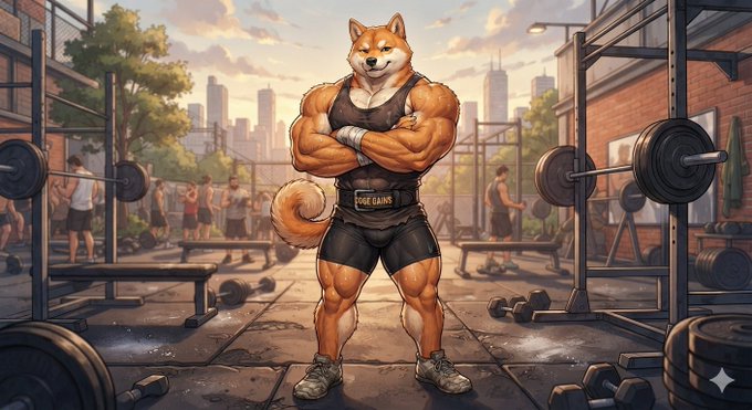 An illustration of an extremely muscular anthropomorphic Shiba Inu dog with crossed arms, wearing a weightlifting belt reading 'DOGE GAINS', standing in an outdoor gym with weight racks and a city skyline behind.