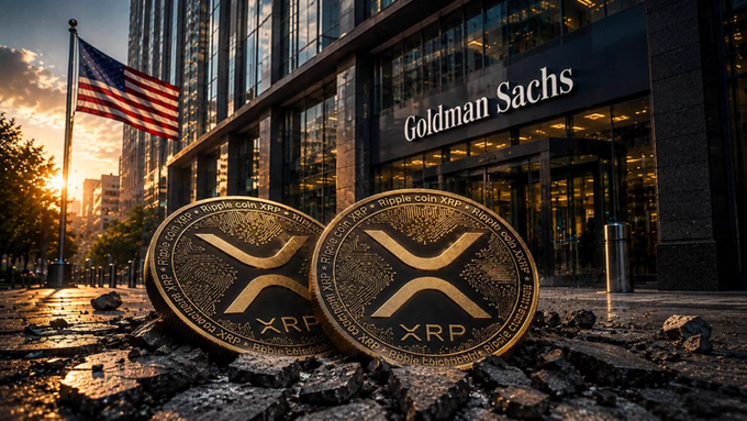 Two physical XRP (Ripple) cryptocurrency coins placed in the foreground, with the 'Goldman Sachs' building and an American flag visible in the background.