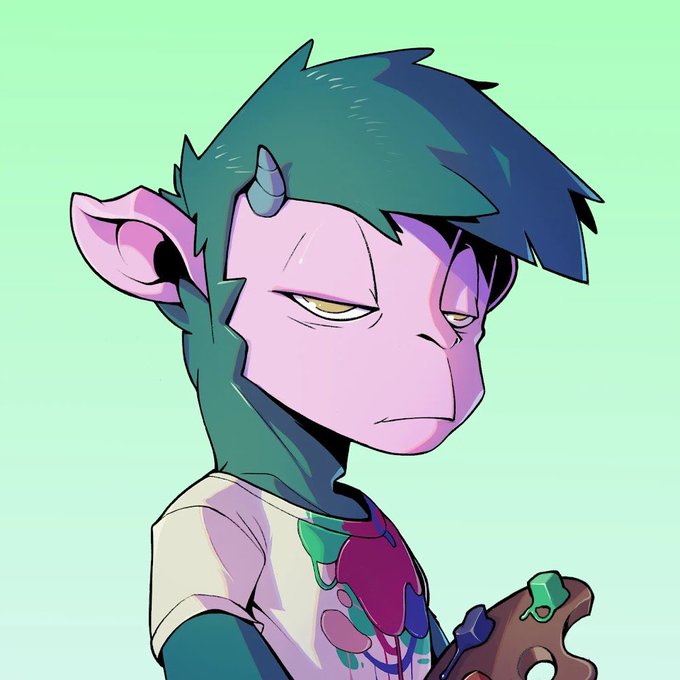 A digital drawing of a purple-skinned humanoid character with dark teal hair, pointed ears, a small horn, and yellow eyes, wearing a white shirt with a colorful design against a mint green background.