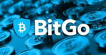 The BitGo logo, featuring a Bitcoin symbol within a shield, is displayed against a backdrop of physical Bitcoin tokens in a blue-tinted image.