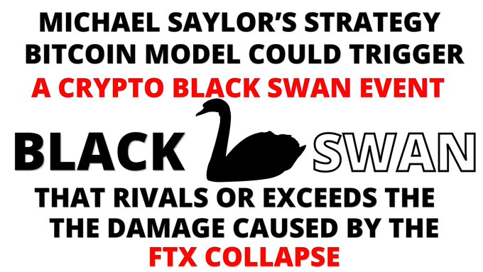 The image features a black swan logo with "Black Swan" written below it, accompanied by an explanation that goes beyond its initial appearance. This implies that the swan might represent more than just a bird symbol or mascot but carries a deeper meaning or story behind it. The rest of the image focuses on an advertisement for Bitcoin that suggests that a Black Swan event could trigger a Cryptocoin Black Swan event, and emphasizes Strategy's stock continuing to crash as a result.