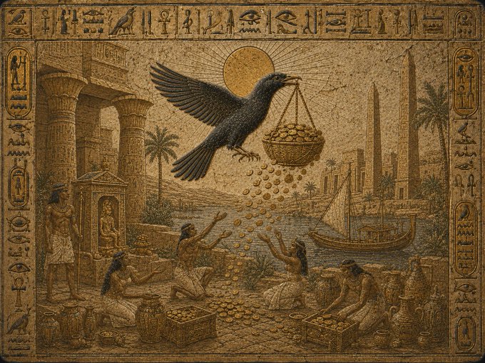 An ancient Egyptian-style illustration depicting a large black crow carrying a basket of gold coins, with people below collecting the falling treasure among temples, obelisks, and hieroglyphic borders.